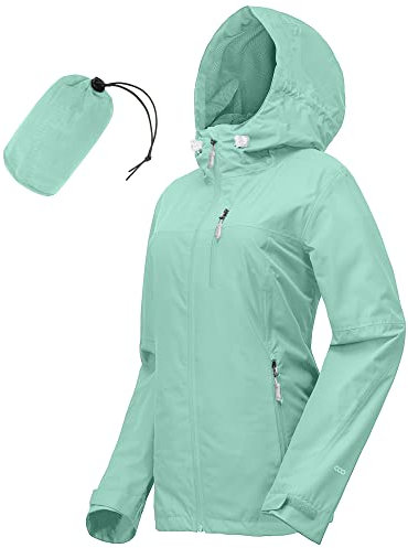 33,000ft Regenjacke Damen Wasserdicht Outdoorjacke Atmungsaktiv Herbst Übergangsjacke Leichte Jacke mit Kapuze Windbreaker zum Wandern Reisen Treking Fahrrad Mintgrün 34