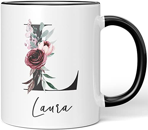 JUNIWORDS Tasse, Laura, Name Anfangsbuchstabe Initial Alphabet Floral Buchstabe L Monogramm Motiv, Schwarz (5581033)