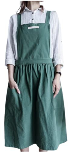 Gaf Nuncew - Delantal para mujer (algodón y lino, con tirantes cruzados, babero, algodón, vintage, delantal de cocina, con 2 bolsillos, para cocinero, jardinería, floristería, verde)
