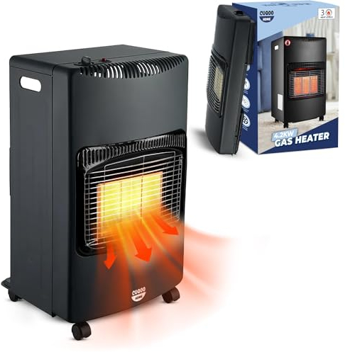 CUQOO Portable Calor Gas Heater - 4.2KW Indoor Room Heater 3 Heating Settings, Heating Butane Foldable with Hose, Clips & Regulator, Perfect Space Warmer for Home Office Garage Workshop