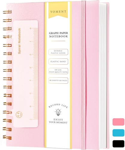 Yoment Graph Paper Spiral Notebook A5 Graphing Notebook 160 Pages Graph Paper Notebook Spiral Bound Waterproof Plastic Hardcover Spiral Journal 5x7 Grid Notebooks for Note Taking,Pink