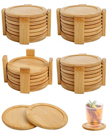 Juego de 24 Posavasos de Bambú Natural Antideslizante Redondos con Caja de Bambú, Set Posavasos para Bebidas, Vasos, Tazas, 10cm, Color Madera