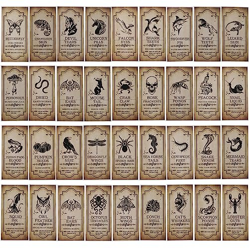 KIMOBER 144PCS Halloween Bottle Labels, Assoeted Vintage Laminated Animal Apothecary Potion Bottles Stickers for Halloween Party Supplies Photo Props