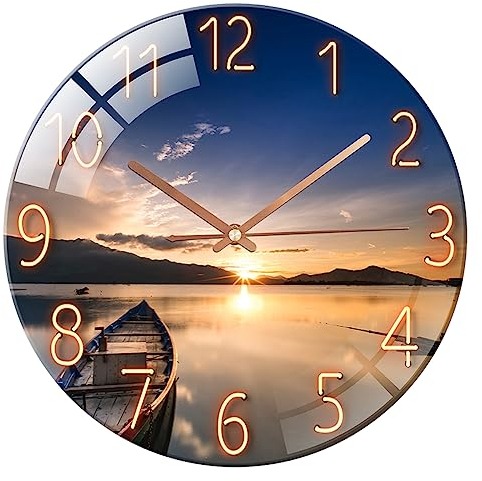 ALEENFOON Wanduhr aus Glas 30cm Lautlos Nicht Tickend Dekorative Runde Wanduhr für Wohnzimmer Küche Schlafzimmer Flur Büro (Sonnenuntergang)