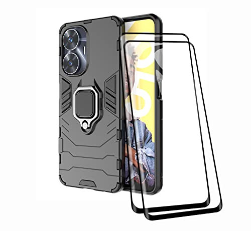 TEYYOS Funda + [2 Piezas] Protector de Pantalla para Realme C55 4G, TPU/PC Antigolpes Armor Protección Carcasa [360° Soporte] con 9H Dureza Vidrio Templado Protector, Negro