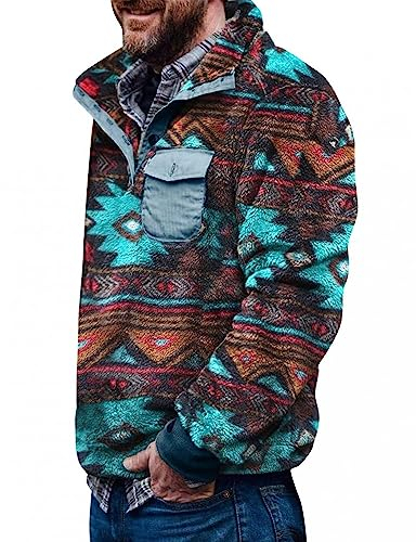 Aztec - Maglione da uomo in pile Fuzzy Sherpa, con bottoni, stile vintage, con tasca per uomo, A: blu, L