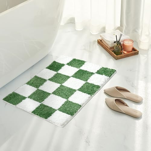 Tititex Luxuriöser Badezimmerteppich, 40,6 x 61 cm, klassisches Schachbrett, extra weich und saugfähig, Mikrofaser, rutschfester, zotteliger Plüsch-Badteppich für Badezimmerboden