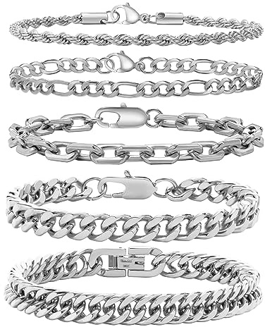 VNOX Silver Chain Bracelets for Men - 5 Pcs Solid Stainless Steel Rope/Figaro/Paperclip/Cuban Link Curb Chunky Chain Bracelet Set Wrist Band for Men Women,8.3 Inches