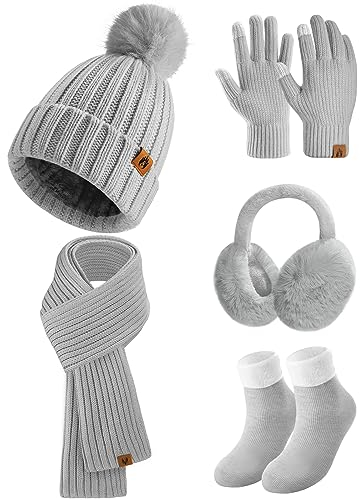 heekpek Mütze Schal Handschuhe Ohrenschützer und Socken Set Damen 5 Stücke Warme Wintermütze Winterschal Strick Winterzubehör Winterset 5 in 1, Grau