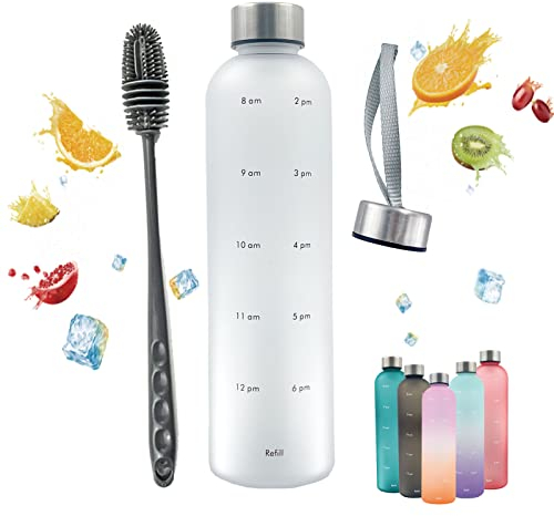 Horkos 1L Water Bottle,Motivational Time Markings,Non-Toxic BPA Free Plastic Water Bottle,Leak-Proof,1 litre Sports Bottle,1000ml Drinks Bottle for Gym,Travel,School,Cycling,Camping(White+cover+brush)