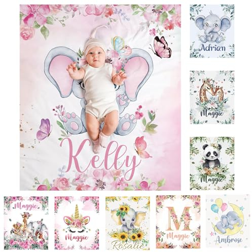 SearchI Personalisierte Babydecke mit Namen 70x100cm,Weich Warme Baby-Überwurfdecke für Junge Mädchen,Kinderdecke Namensdecke Personalisiert Geburtstaggeschenk(Elefantenrosa)