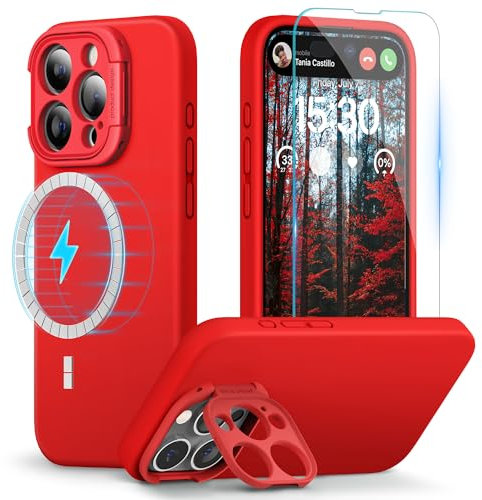 pcgaga Designed for iPhone 15 Pro Case and Screen Protector, Silicone Phone Cover with MagSafe, Invisible Stand, Shockproof Full Body Protection with Microfiber Lining, 6.1, Red