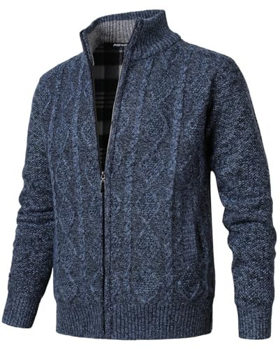 Herothorn Men's Cable Knitted Cardigan Fleece Lined Jumper Stand Collar Sweater Winter Full Zip Knitwear with Pockets