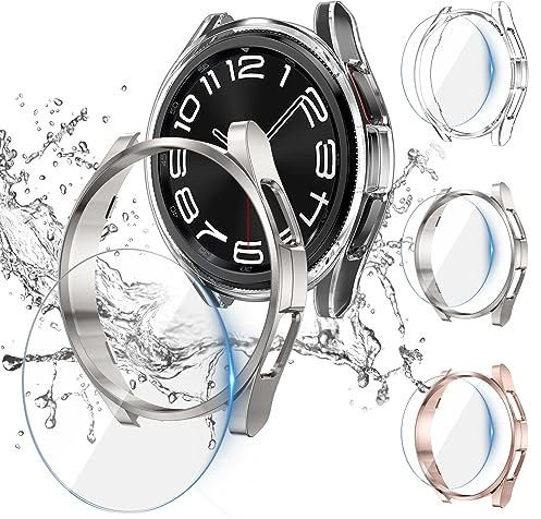 [3+3Pezzi] Kamita Custodia per Samsung Galaxy Watch 6 Classic 43mm, 3 Protezione Dello Schermo in Vetro Temperato e 3 Duro PC Bumper Case per Galaxy Watch6 Classic (Chiaro+Oro Rosa+Luce Stellare)