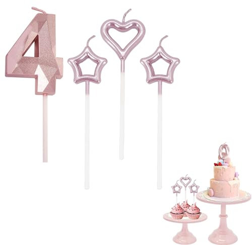 4th Birthday Candle Rose Gold Number 4 Candle for Birthday Cake with Heart-Shaped Candles, Rose Gold 4 Candle for Cake Birthday Cake Topper Decorations for Girls Birthday Wedding Anniversary Party