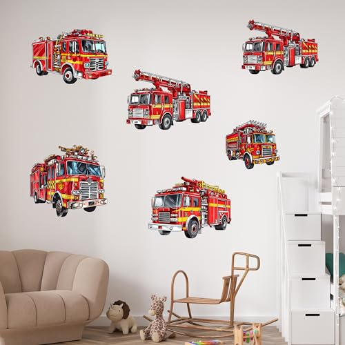 GRAZDesign Wandtattoo Kinderzimmer Junge - Feuerwehr Set - Sechs Feuerwehrautos als Wandaufkleber für Jungs, beliebig platzierbar 100x57cm