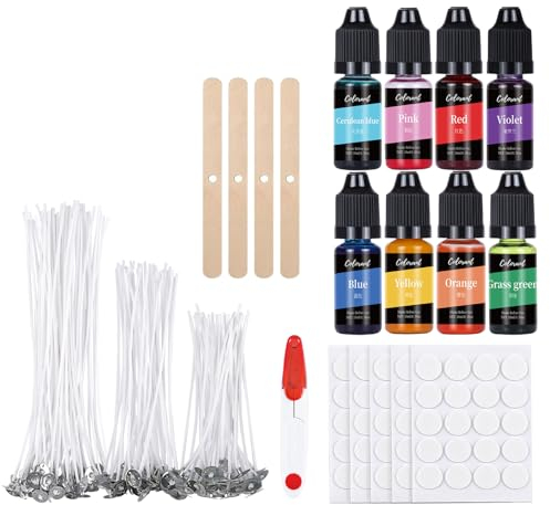 ALLAVA Kerzenwachs Farbe, Kerzenherstellung Kit, 100 Kerzendochte and 8 Kerzenwachs, 100 Kerzen Aufkleber, 4 Dochthalter, Candle Making Kit für Erwachsene und Kinder