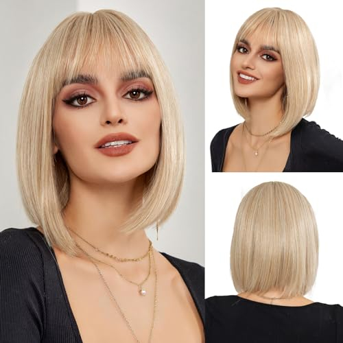 OUFEI Blonde Bob Perücke mit Pony Kurze gerade Perücke für Frauen Synthetisches Haar Perücken für tägliche Party Cosplay tragen