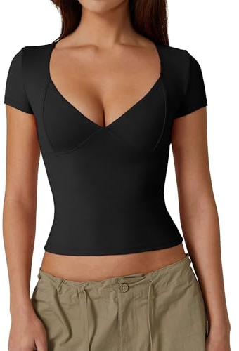 Women's Sexy V Neck Y2K Short Sleeve T Shirts Ladies Crop Tops Shirt Double Lined Tee Seamed Cup Going Out Tops (Black, S)