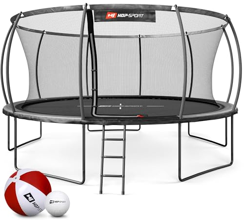 Hop-Sport Trampolin Outdoor Ø 305/366/427/488 cm - Trampolin mit innovativen, gebogenen Netzstangen, Sicherheitszertifikaten und Sicherheitsnetz (Grau/Schwarz, 488 cm)