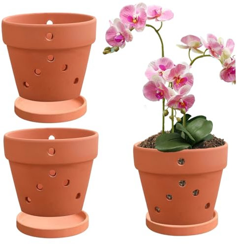 Vasi di Orchidee con Buchi, 3pcs da 4 Pollici di Orchidee in Terracotta con Buchi e piattini, pentole di fioriere di Orchidee argillose per Riposo, Piccoli vasi di Orchidea per Terracotta, pentole a