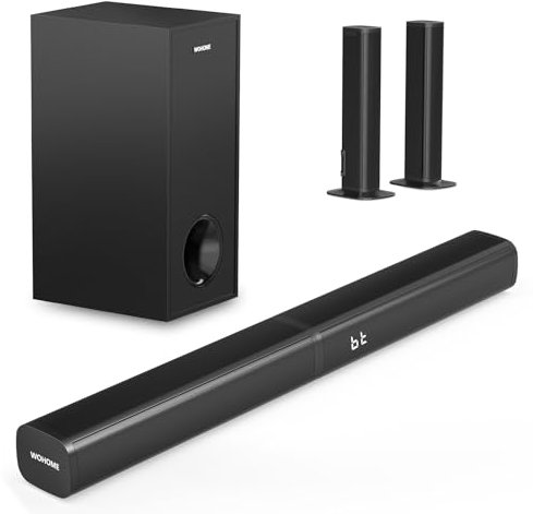 Wohome Barre de son 2.1 Enceinte pour Smart TV avec caisson de basses de 5'', barre de son amovible 2 en 1 avec rétroéclairage LED coloré, Bluetooth 5.3, optique, AUX, entrée USB, basses réglables