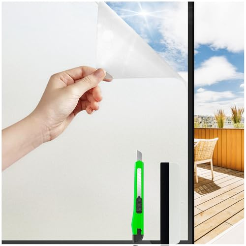 HONLONE Milchglasfolie Selbstklebend Fenster, 44,5x400cm Sichtschutzfolie Fenster ohne Kleber, Statische Fensterfolie Blickdicht von Aussen Anti-UV, Fensterfolie Milchglas Sichtschutzfolie Für Büro