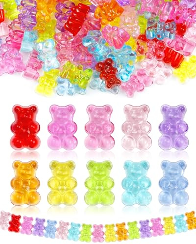200pcs FIVEIZERO Clear Acrylic Bear Beads, Mixed Color Gummy Bear Beads for Bracelet, Necklace, and DIY Crafts, Cute Bear Charms for Jewelry Making