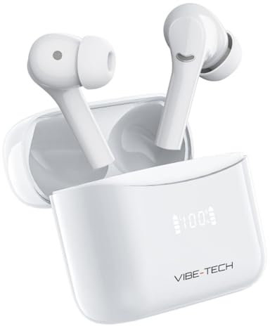 VIBE-TECH Wireless Earbuds – Bluetooth 5.4+EDR, ANC Noise Cancelling, Hi-Fi Stereo, Smart Touch, 42H Battery Life, LED Display, IPX7 Waterproof, Type-C Fast Charging – White