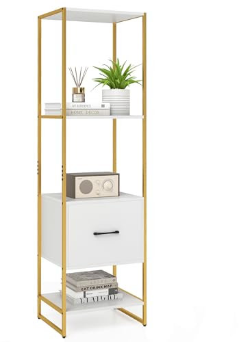 COSTWAY 5-Tier Bookshelf, Tall Narrow Bookcase Shelving Storage Organizer with Drawer, Shelves and Dual Anti-Tipping Kits, Freestanding Metal Frame Display Rack (White + Gold)