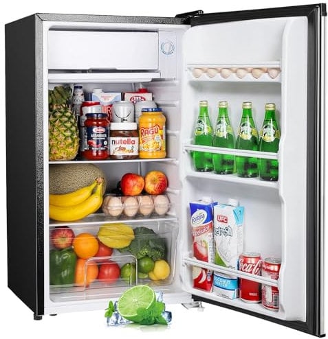 Upstreman Frigorífico con Congelador, Nevera Pequeña 91L Compacta - Mini Frigorífico, Eficiencia Energética E, Silencioso, Ideal para Dormitorio, Oficina o Cocina acero inoxidable-BR321