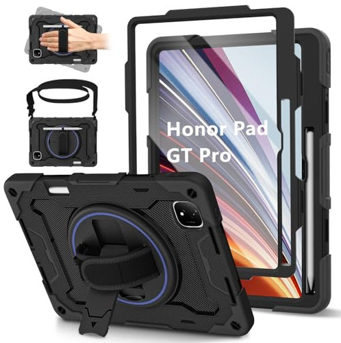 ROSROME for Honor Pad GT Pro Tablet Case 12.3 inch 2024, Shockproof Heavy Duty Cover with Screen Protector/360°Rotating Stand/Hand Strap/Shoulder Strap/Pencil Holder for Honor Pad GT Pro 12.3'', Black