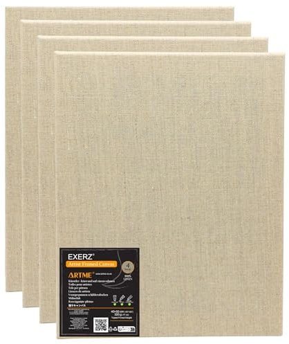 Exerz Lot de 4 toiles de lin 40 x 50 cm pré-étirées, encadrées de 1,7 cm, 320 g/m², 100% lin, triple apprêt, sans acide, grain moyen, idéales pour la peinture acrylique et à l'huile