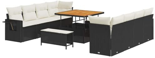 vidaXL 11-teiliges Garten-Sofa-Set mit Kissen in Schwarz und Creme für den Garten – Poly Rattan, Outdoor-Möbel, modulare Lounge für die Terrasse