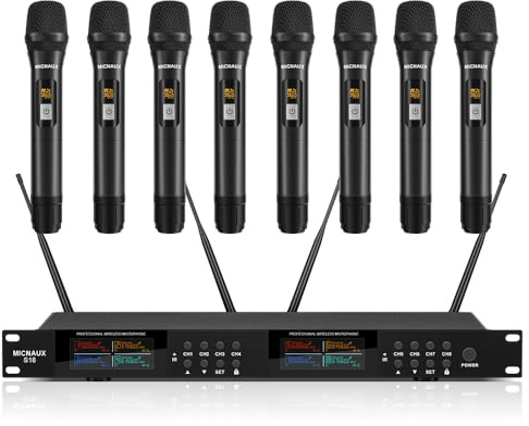 MICNAUX Wireless Microphone System, Pro 8 Channel UHF Mics Set with Metal Cordless Handheld Mics & Receiver, 200 Adjustable Frequency, 300ft Range for Singing, Church, Karaoke, Party