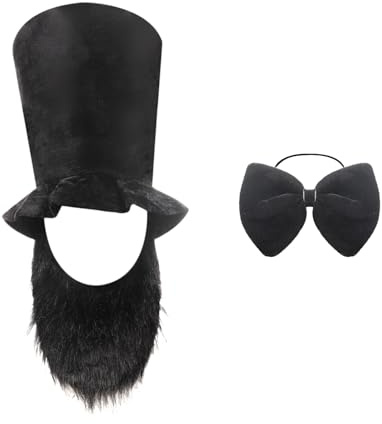 Onkel Sam Hochhut Mit Fliege Und Buschiger Bart Anzug Lustiger Herrenhut Skurrile Gentlemen-Hüte Zylinderhut Cosplay Outfits Kostüme Set Kostümzubehör Für Party Karneval Fasching Halloween In Schwarz