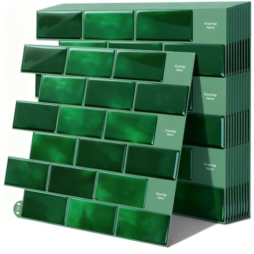 Flow fire 10 Stück Klebefliesen Grün Küche, Wasserdicht Selbstklebend Klebefliesen 3D Wandfliesen für Küchenrückwand und Bad (30.5x30.5cm)