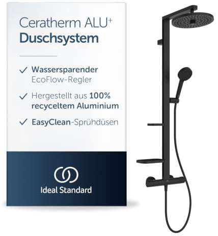 Ideal Standard Ceratherm Alu+ Exposed Shower System, Multiple Showering Functions, Thermostatic Function, Water & Energy Savings, Core Elements from Aluminum – Matt Black (356x501x1113 mm)