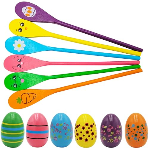Painted Easter Egg and Spoon Race Game Set, Family Game for Kids & Family Activity Holiday Outdoor Yard Easter Egg Hunt Birthday Party Front Lawn (6 Players)