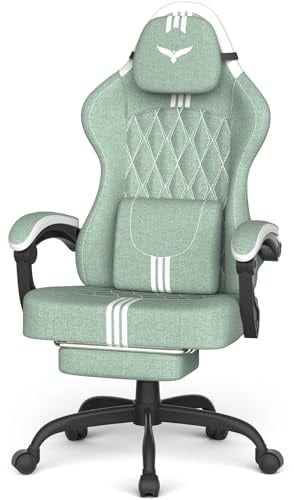 Ferghana Gaming Stuhl Ergonomischer Gamer Sessel - Mit Lordosenstütz Kopfstütze Fußstütze,Höhenverstellbar Drehbar,Atmungsaktiver Leinenstoff,Auch Als Bürostuhl Schreibtischstuhl PC Stuhl（Grün-Weiß）