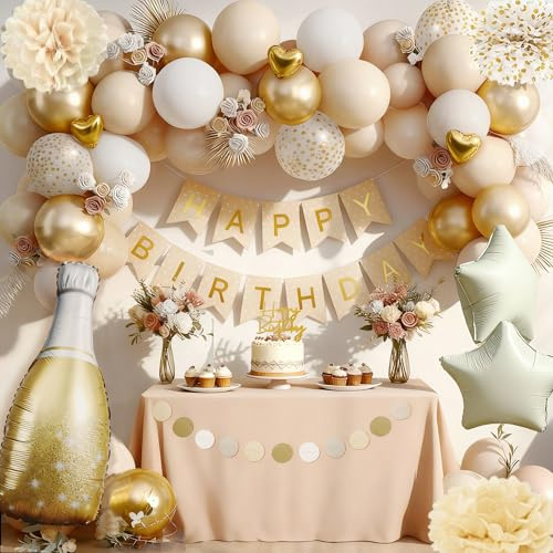 Decoraciones de Cumpleaños, Arco de Globos Oro Beige, Feliz Cumpleaños Bandera para Fiesta Mujeres y Hombres