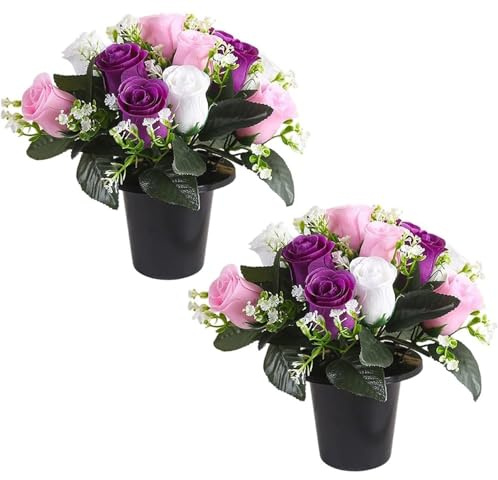wintfarm 2 Pcs Grave Flower Pots,25 cm White Pink Purple Roses Artificial Flowers for Graves Pots for Outdoor Cemetery Decoration,Fake Funeral Commemorative Bouquet Arrangement (White Pink Purple)
