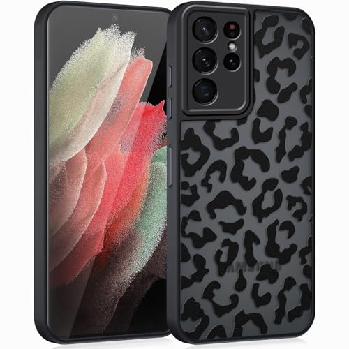Coqinen Handyhülle für Samsung Galaxy S21 Ultra 5G Hülle, Matt Transluzente Case mit Stilvolle Leopard Muster, Silikon Aesthetic Schutzhülle mit Kratzfeste PC Rückseite + Stoßfest TPU Bumper - Schwarz