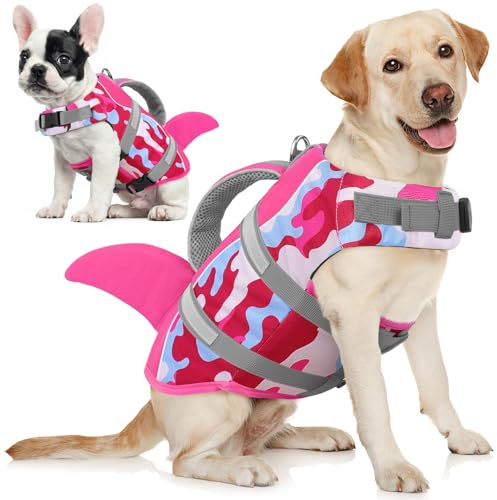 AOFITEE Schwimmweste Hund XL, Verstellbar Hai Hundeschwimmweste Große Hunde, Hoher Auftrieb Rettungsweste für Hunde mit Rettungsgriff, Ripstop Hunde Schwimmweste Labrador Dog Life Jacket, Rosacamo, XL