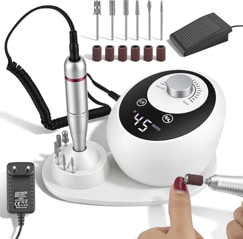 Fresa per Unghie Professionale 45000RPM, Fresa per Unghie, Lima Per Unghie Elettrica, Set Manicure e Pedicure Elettrico con display a LED, 6 Testine di Levigatura, Portable Nail File Kit per Salon