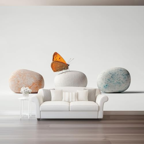 Wallpaper Mural Modern Minimalist White Pebbles Butterflies Photo Wallpaper Wall Mural Wall Covering for Living Room Bedroom Office Home Interior Decoration 200 X 140 Cm