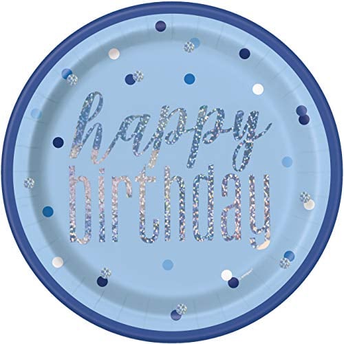 Unique 83595 Blue Foil Stamped Dots Round Dinner Plates, 9 Disposable | 8 Pcs, Happy Birthday