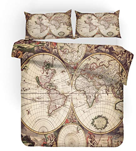 Weltkarte Bettwäsche Set 3-teilig,Antike Karte World Map Retro-Stil Blaues Meer und Gelbes Land Bettbezug mit Reißverschluss, Weiche Mikrofaser mit 2 Kissenbezügen (Retro, Single 135 x 200 cm)