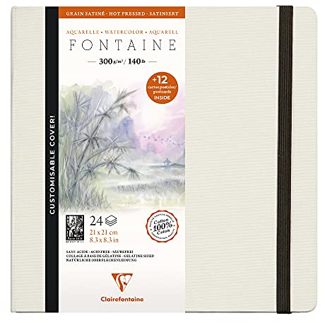 Clairefontaine 975443C - Un carnet cousu de papier dessin Fontaine blanc satiné 24 pages 21x21 cm 300g + 12 cartes postales pré-imprimées