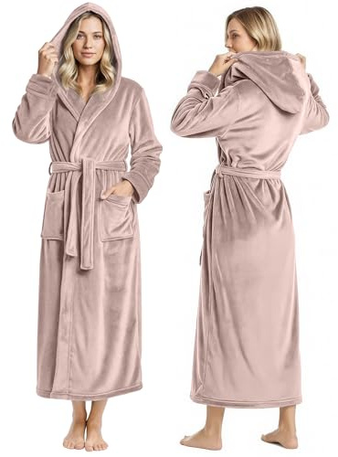 NY Threads Damen-Bademantel aus Fleece mit Kapuze, langer Plüsch-Bademantel, taupe, 42